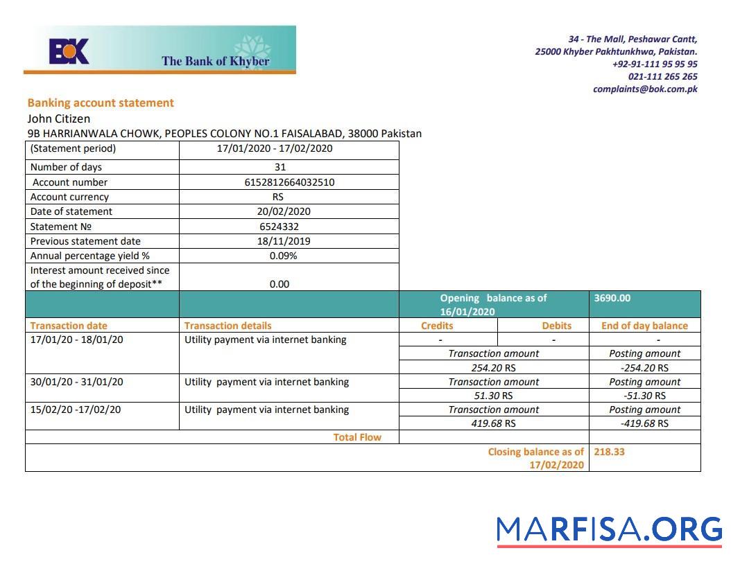 Realistic Pakistan The Bank of Khyber bank statement word real example